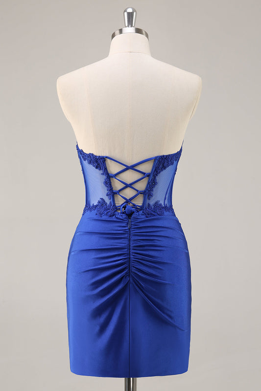 Royal Blue Corset Satin Short Strapless Homecoming Dress with Lace