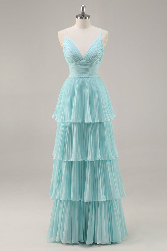 Green Chiffon A Line V-Neck Tiered Long Pleated Prom Dress