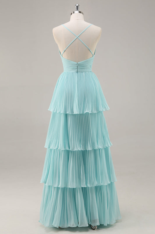 Green Chiffon A Line V-Neck Tiered Long Pleated Prom Dress