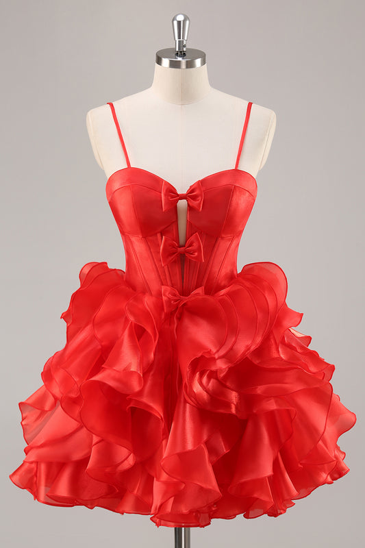 Red Organza Corset Ruffled Short Homecoming Dress with Bows