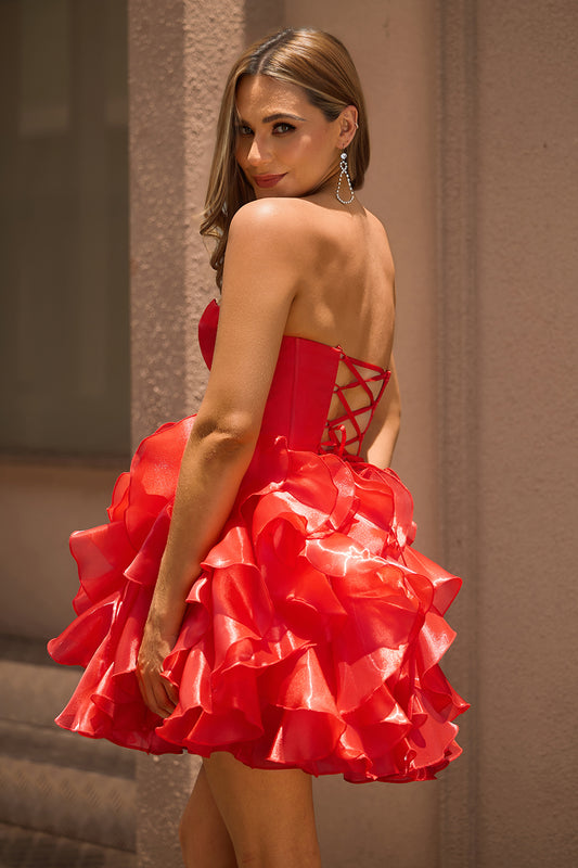 Red Corset Organza Short Ruffled Homecoming Dress with Bows