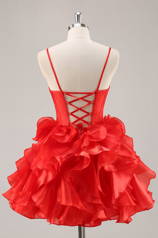 Red Organza Corset Ruffled Short Homecoming Dress with Bows