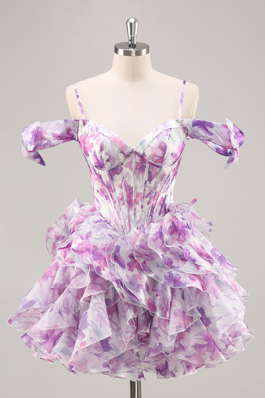 Purple Floral Cold Shoulder Chiffon Corset Short Homecoming Dress