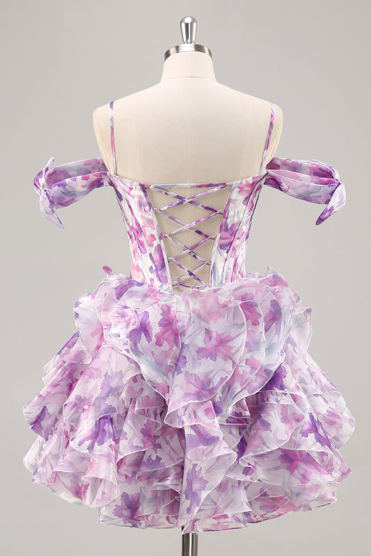 Purple Floral Cold Shoulder Chiffon Corset Short Homecoming Dress