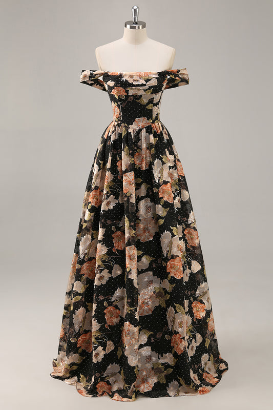 Sparkly Black Floral Ruched Long Bridesmaid Dress with Beading