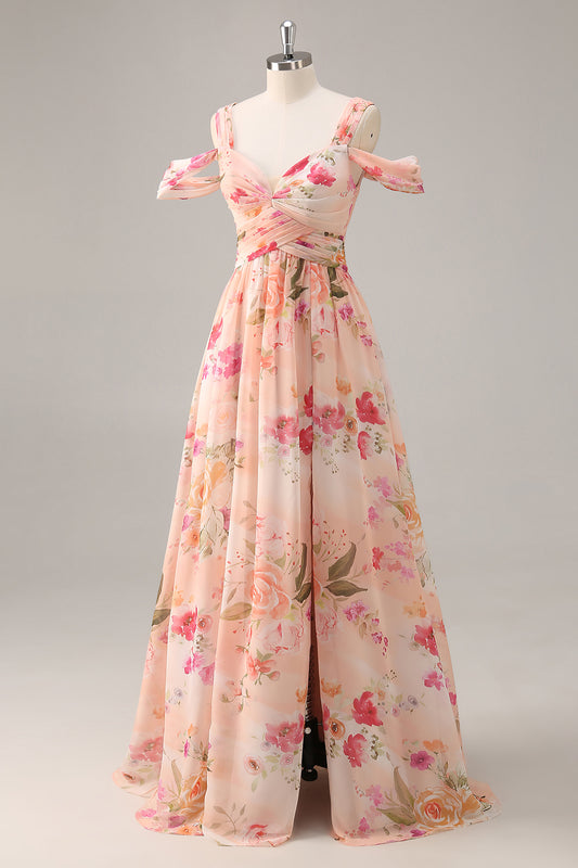 Pink Floral Ruched Chiffon A Line Long Bridesmaid Dress with Slit