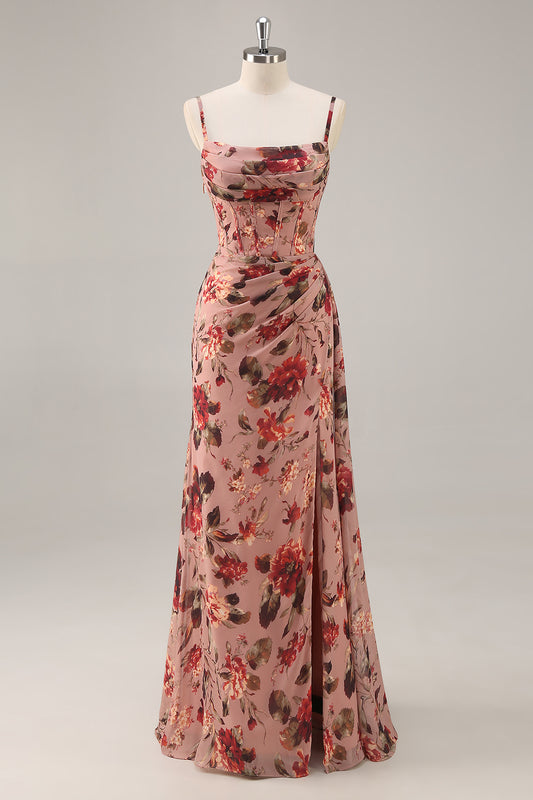 Zapakasa Women Dusty Rose Corset Floral Bridesmaid Dress with Slit Ruched Sheath Spaghetti Straps Chiffon Wedding Guest Dress