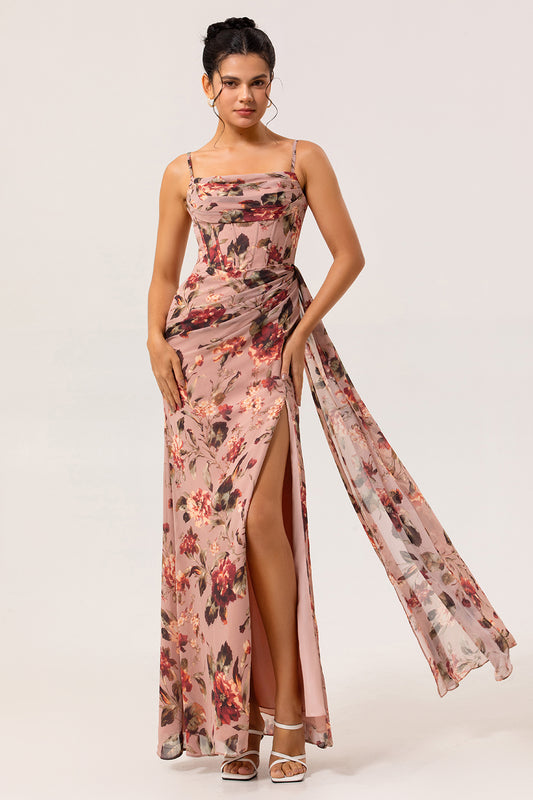 Zapaka Dusty Rose Floral Long Corset Bridesmaid Dress with Slit Ruched Sheath Chiffon Spaghetti Straps Wedding Guest Dress