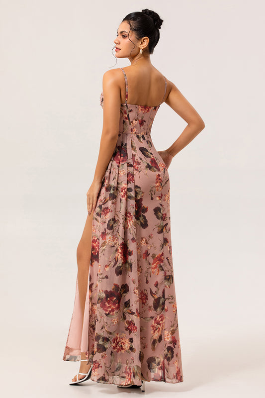 Dusty Rose Floral Corset Chiffon Long Ruched Bridesmaid Dress with Slit