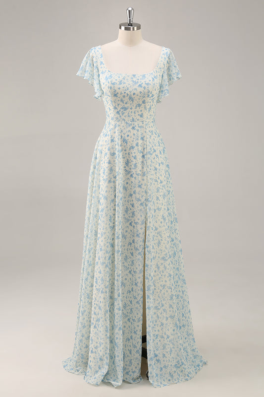 Blue Floral Chiffon Ruffled A Line Long Bridesmaid Dress with Slit