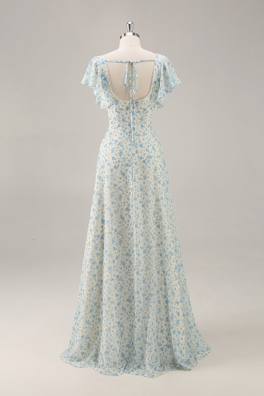 Blue Floral Chiffon Ruffled A Line Long Bridesmaid Dress with Slit