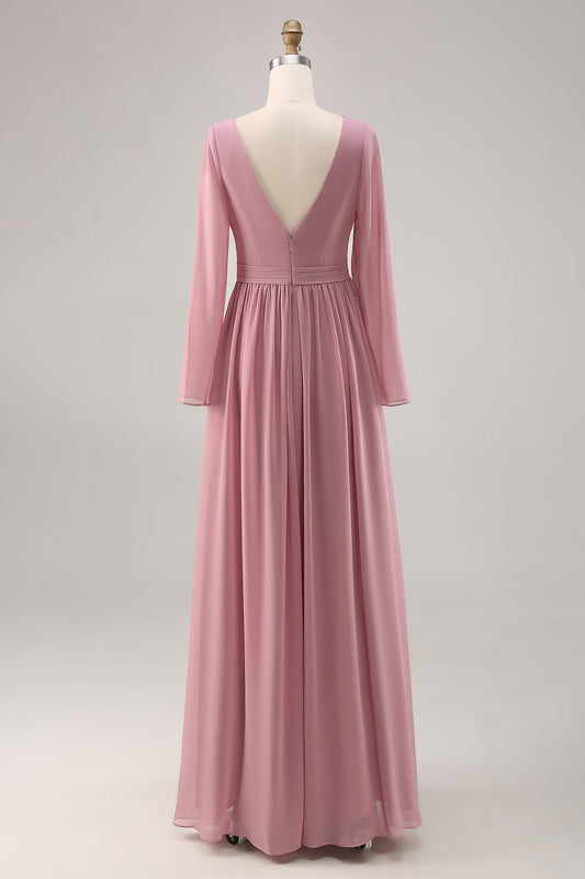 Simple Dusty Rose Long Sleeves V-Neck Bridesmaid Dress with Slit