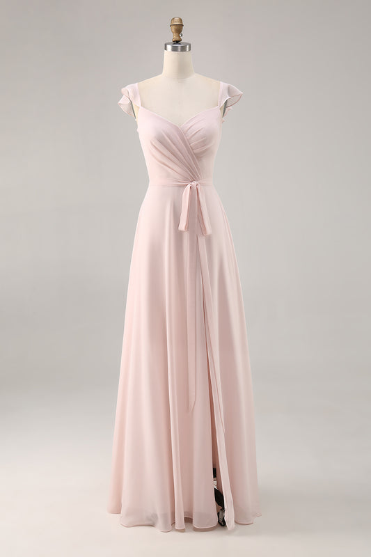 Candy Pink Chiffon Ruched Long Bridesmaid Dress with Slit