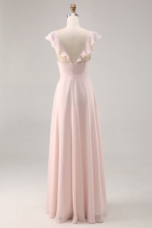 Candy Pink Chiffon Ruched Long Bridesmaid Dress with Slit