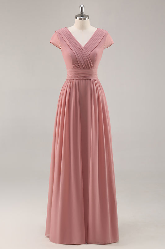 Dusty Rose Short Sleeves Chiffon Long Bridesmaid Dress
