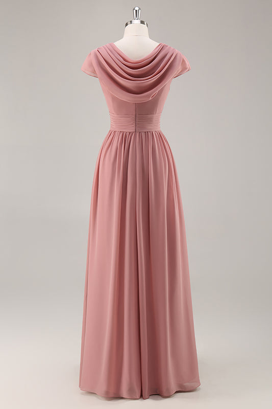 Dusty Rose Short Sleeves Chiffon Long Bridesmaid Dress