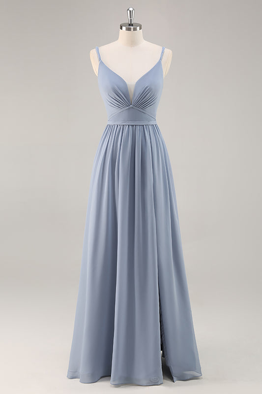 Dusty Blue Ruched Chiffon Spaghetti Straps Long Bridesmaid Dress with Slit