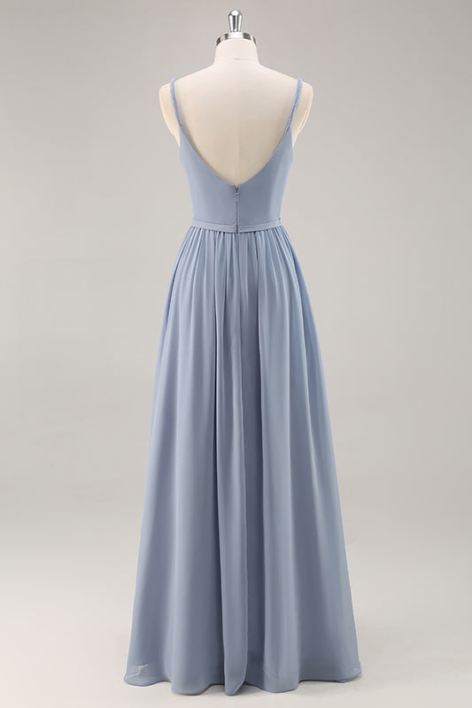 Dusty Blue Ruched Chiffon Spaghetti Straps Long Bridesmaid Dress with Slit