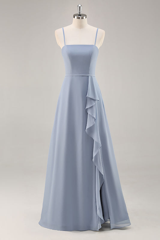 Dusty Blue Ruffled Chiffon A Line Long Bridesmaid Dress with Slit