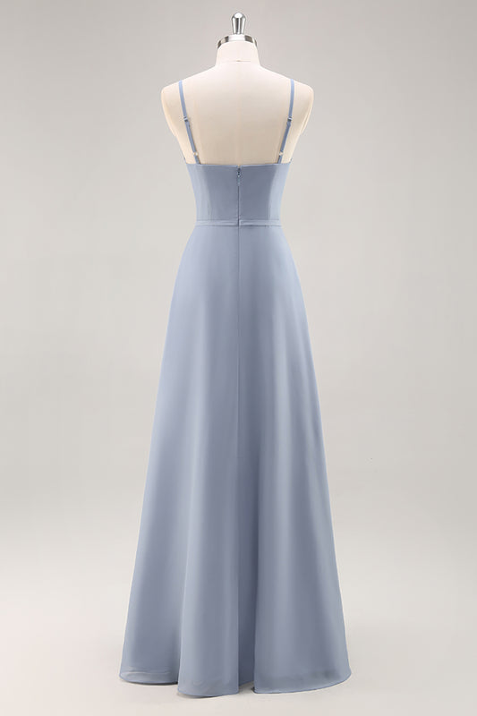 Dusty Blue Ruffled Chiffon A Line Long Bridesmaid Dress with Slit