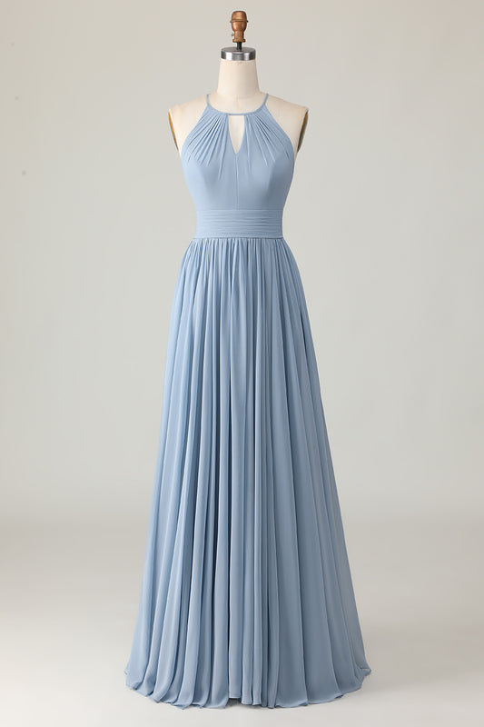 Dusty Blue Ruched Chiffon Halter Long Bridesmaid Dress with Keyhole