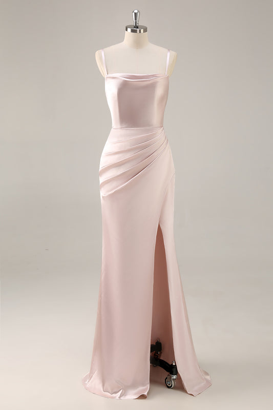 Zapakasa Women Candy Pink Satin Long Bridesmaid Dress with Slit Mermaid Ruched Spaghetti Straps Backless Wedding Guest Dress