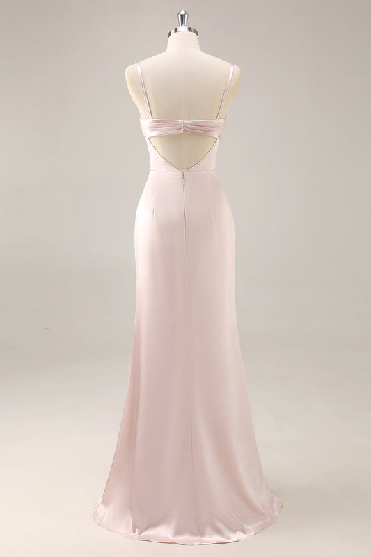 Candy Pink Mermaid Ruched Satin Long Bridesmaid Dress with Slit
