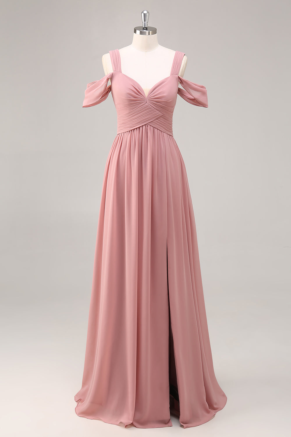 Zapaka Women Dusty Rose Bridesmaid Dress with Slit Cold Shoulder A Line Chiffon Ruched Long Wedding Guest Dress, Dusty Rose / US8