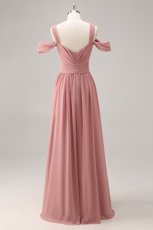 Dusty Rose Cold Shoulder Chiffon Long Bridesmaid Dress with Slit