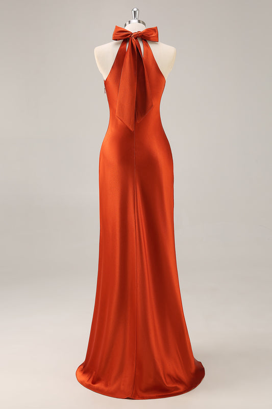 Rust Halter Satin Mermaid Long Bridesmaid Dress with Bow