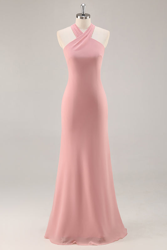 Blush Halter Chiffon Mermaid Long Bridesmaid Dress with Bow