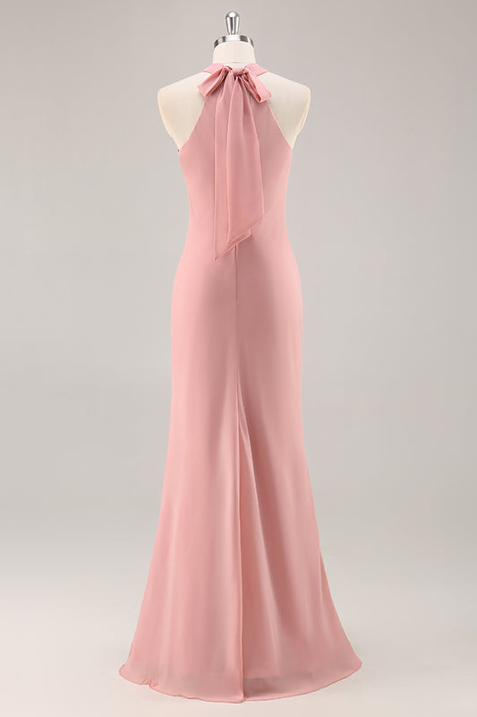 Blush Halter Chiffon Mermaid Long Bridesmaid Dress with Bow