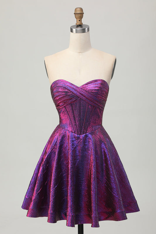 Metallic Dark Purple Corset Sweetheart A Line Short Homecoming Dress