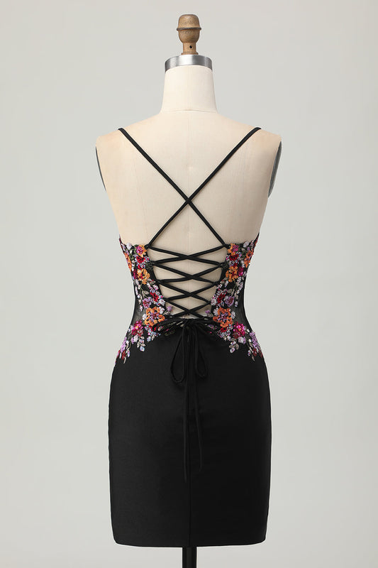 Black Floral Tight Spaghetti Straps Short Homecoming Dress