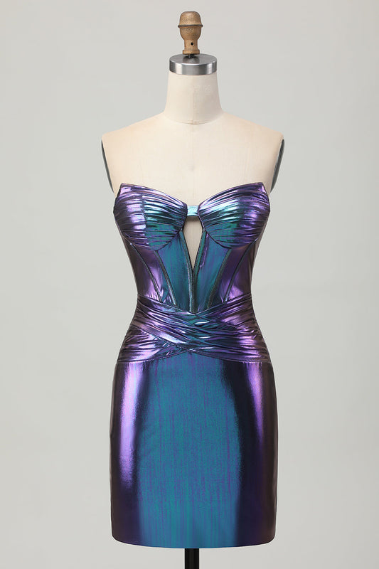 Metallic Blue Purple Corset Strapless Keyhole Short Homecoming Dress