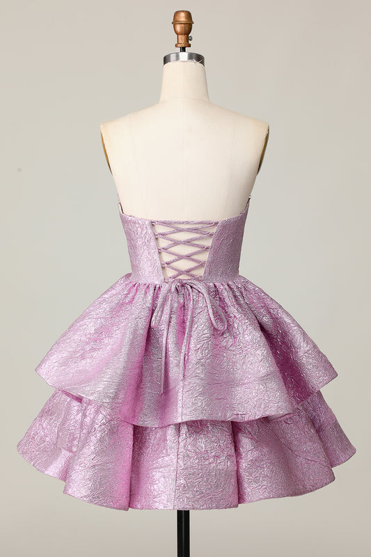 Light Purple A Line Strapless Short Metallic Homecoming Dress with Ruffles