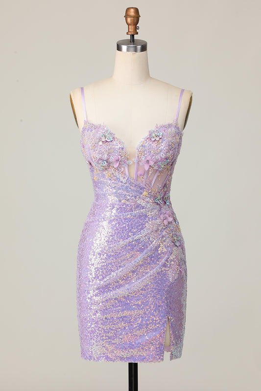 Sparkly Lilac Corset Sequins Tight Short Homecoming Dress