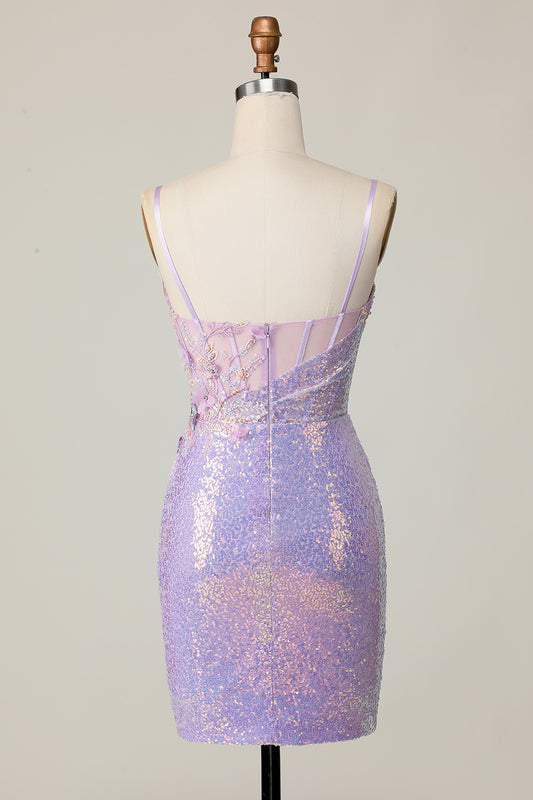 Sparkly Lilac Corset Sequins Tight Short Homecoming Dress