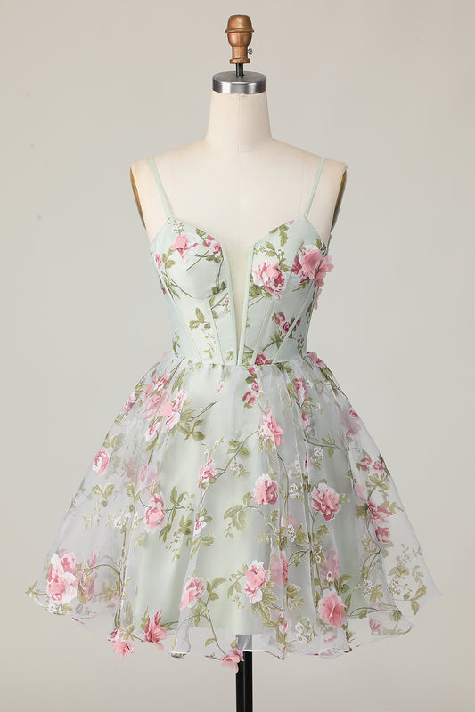 Sage Flower Corset Spaghetti Straps Short Homecoming Dress