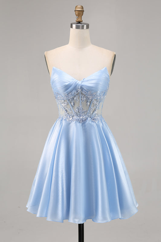 Sparkly Light Blue Satin Strapless Corset Short Homecoming Dress with Lace