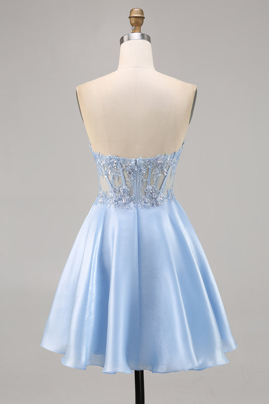 Sparkly Light Blue Satin Strapless Corset Short Homecoming Dress with Lace