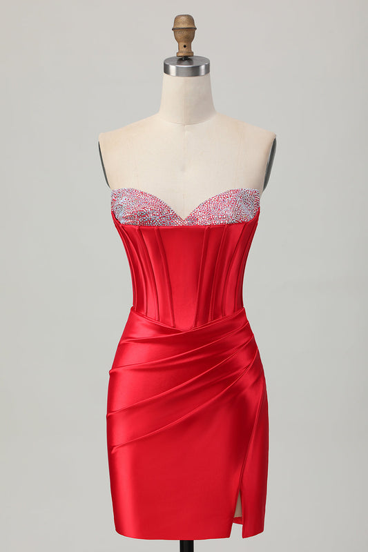 Sparkly Red Satin Corset Sweetheart Short Beaded Homecoming Dress with Slit