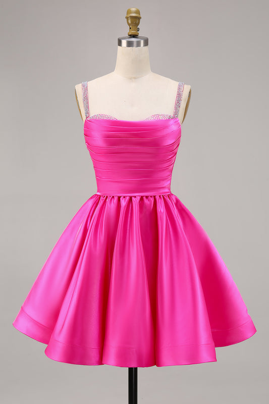 Sparkly Fuchsia Satin Ruched Short Homecoming Dress with Beading