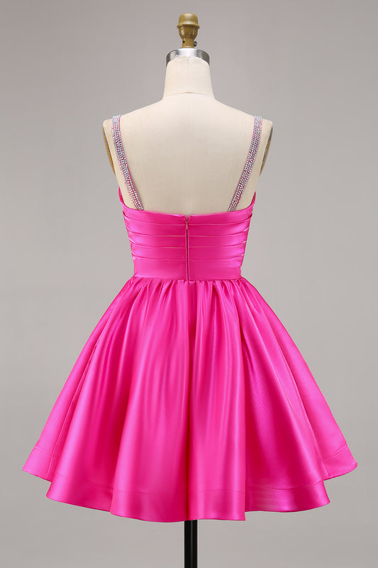 Sparkly Fuchsia Satin Ruched Short Homecoming Dress with Beading