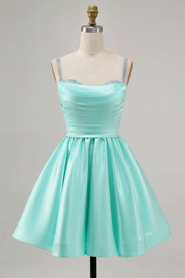 Sparkly Mint Green Ruched Satin Short Homecoming Dress with Beading