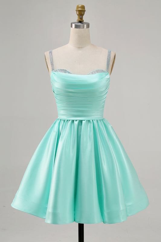 Sparkly Mint Green Ruched Satin Short Homecoming Dress with Beading