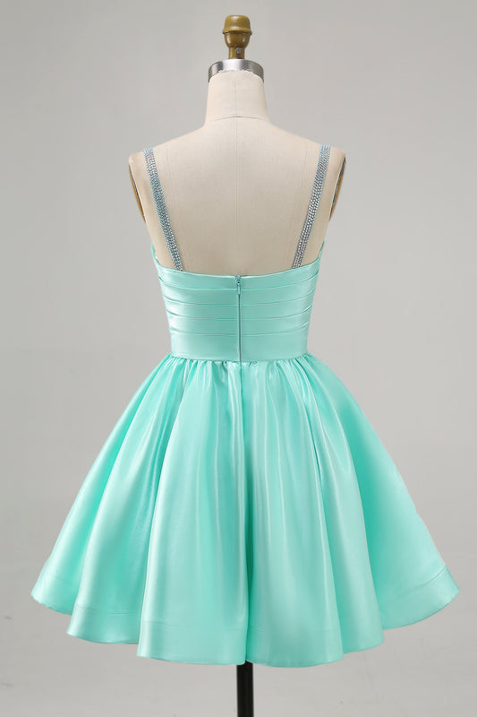 Sparkly Mint Green Ruched Satin Short Homecoming Dress with Beading