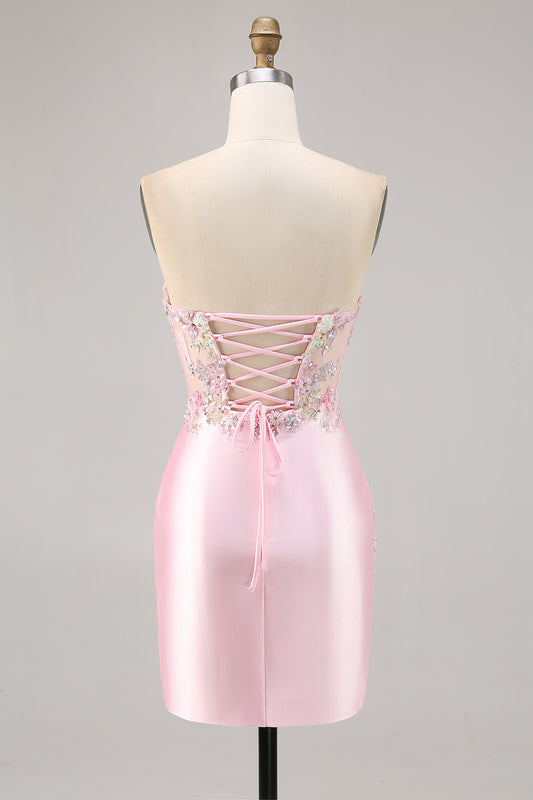 Sparkly Candy Pink Satin Floral Strapless Corset Short Homecoming Dress