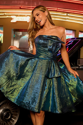 Sparkly Peacock Green Metallic Glitter Strapless Short Homecoming Dress
