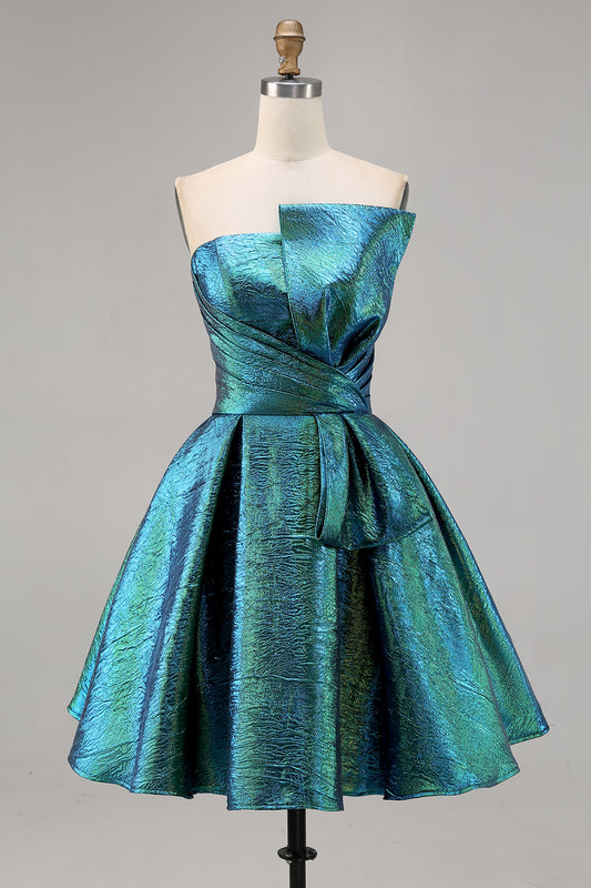 Sparkly Peacock Green Metallic Strapless Short Homecoming Dress